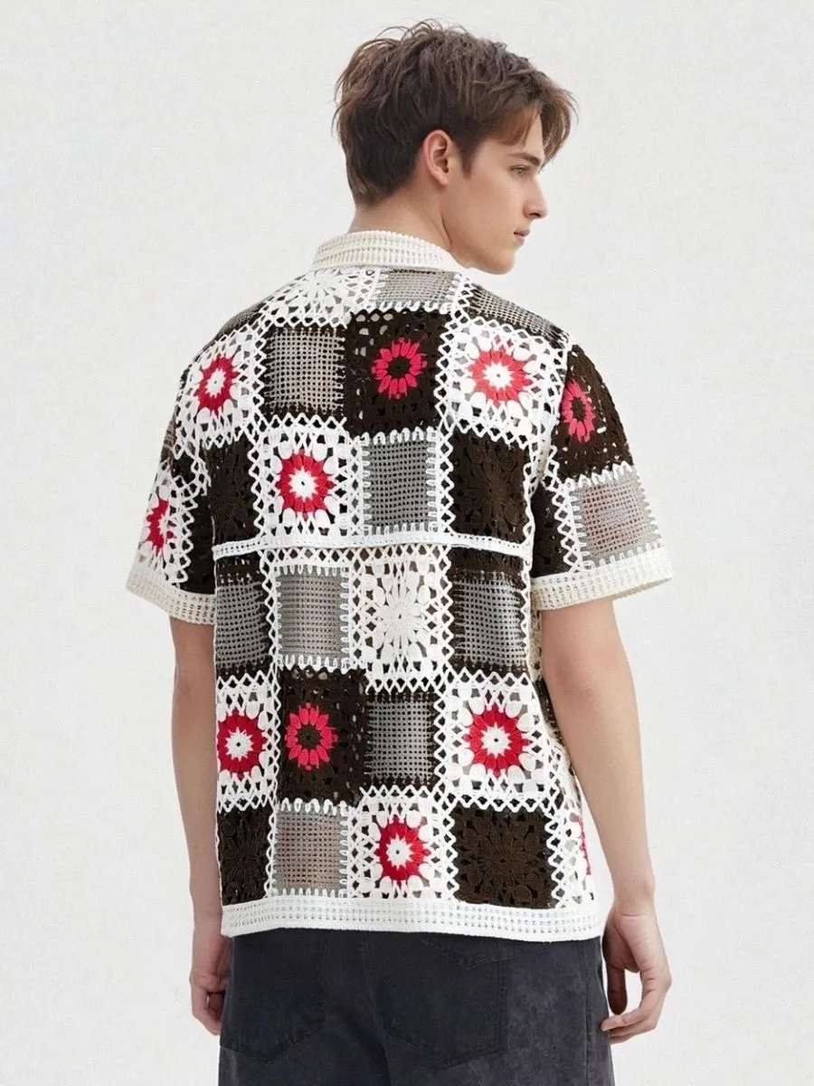 Floral Patchwork Crochet Knit Shirt