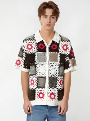 Floral Patchwork Crochet Knit Shirt