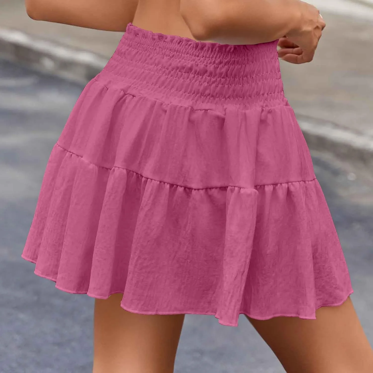 Flowy Mini Skirts for Women Summer Trendy Layered Elastic Low Waisted Tiered Pleated Swing Short A Line Skirt