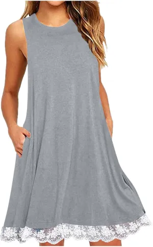 Going Out Dresses for Women 2025 Summer Sleeveless Crew Neck Mini Sundress Casual Lace Hem Beach Dress with Pockets