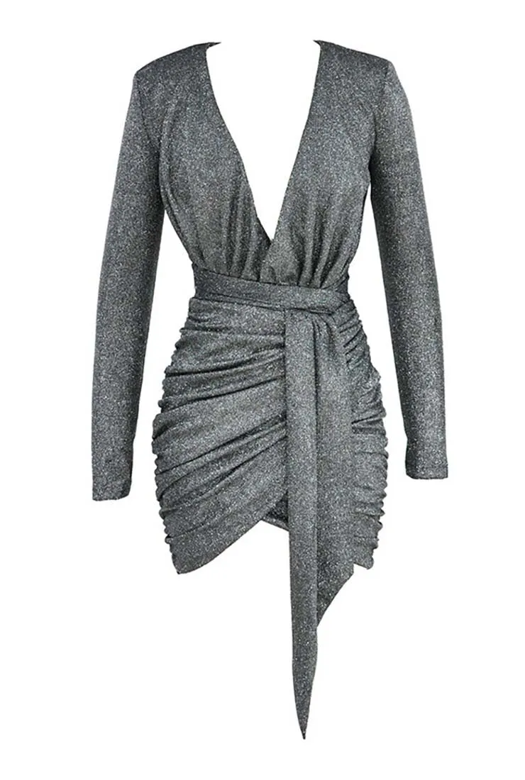 Gray Deep V-neck Tight Mini Dress