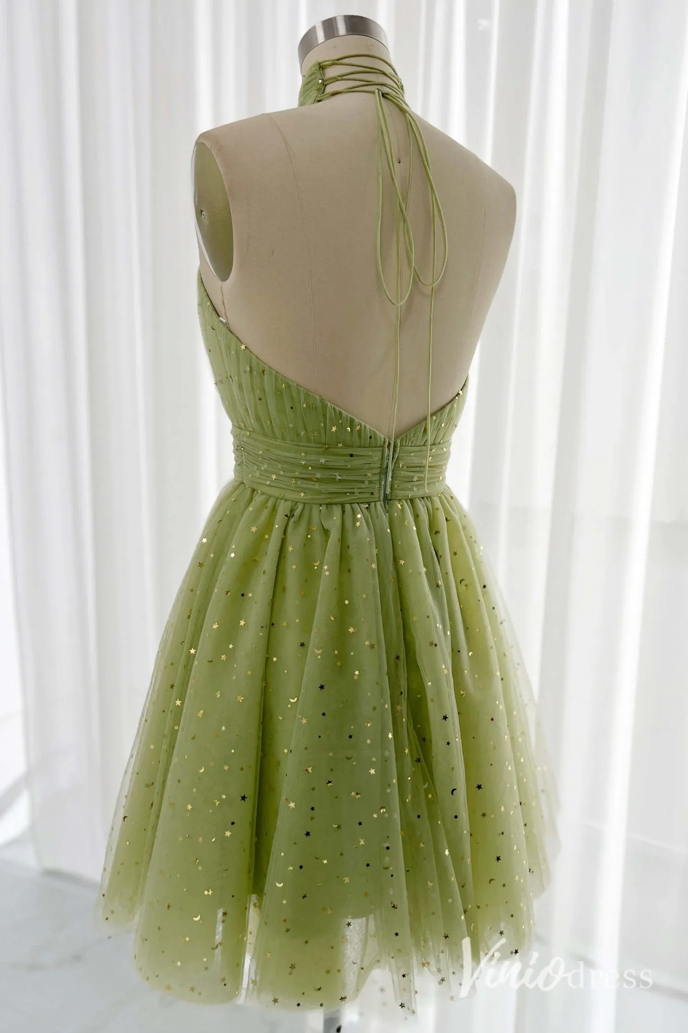 Green Halter Neck Homecoming Dresses Starry Tulle Back to School Dress S24084
