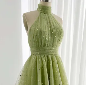 Green Halter Neck Homecoming Dresses Starry Tulle Back to School Dress S24084