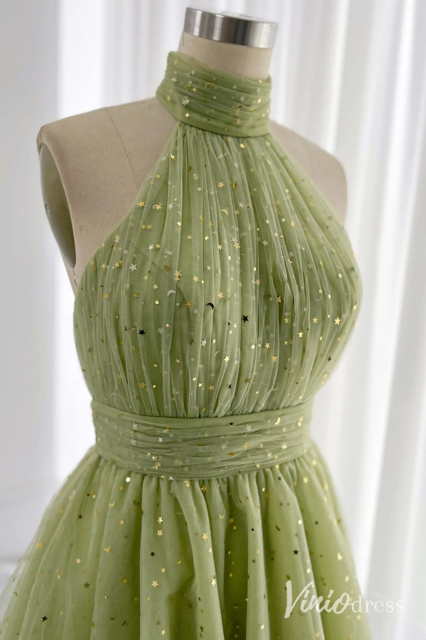 Green Halter Neck Homecoming Dresses Starry Tulle Back to School Dress S24084