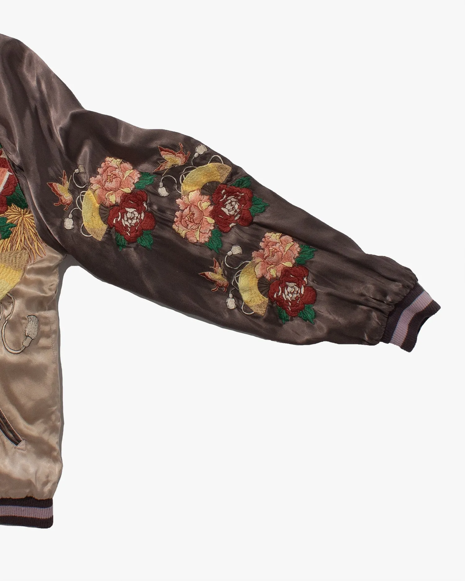 Japanese Repro Reversible Souvenir Jacket, Hyakka Ryoran Brand, Cream with Brown Sleeves, Butterflies and Roses