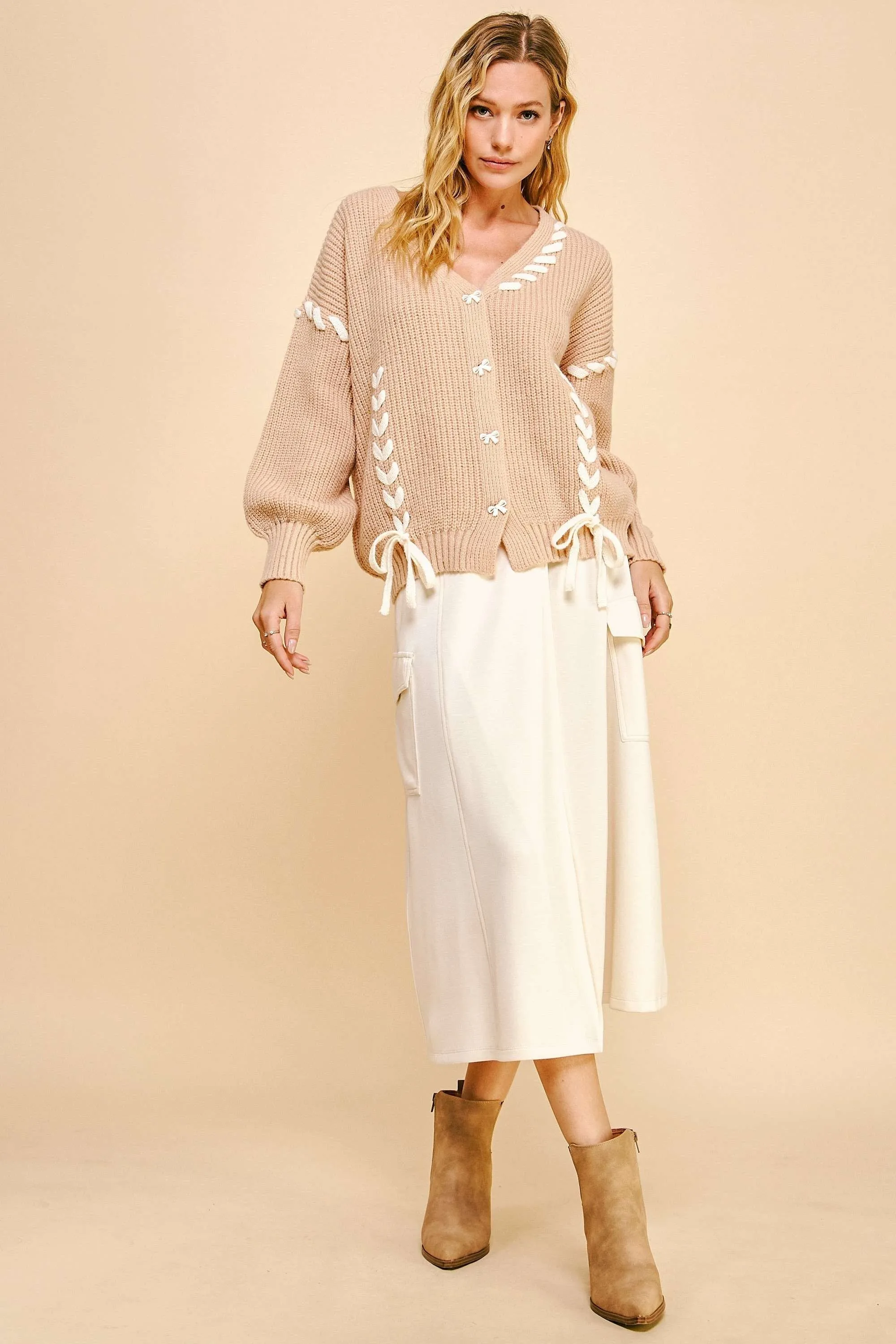 Lace-Up Ribbon Bow Button Down Cardigan