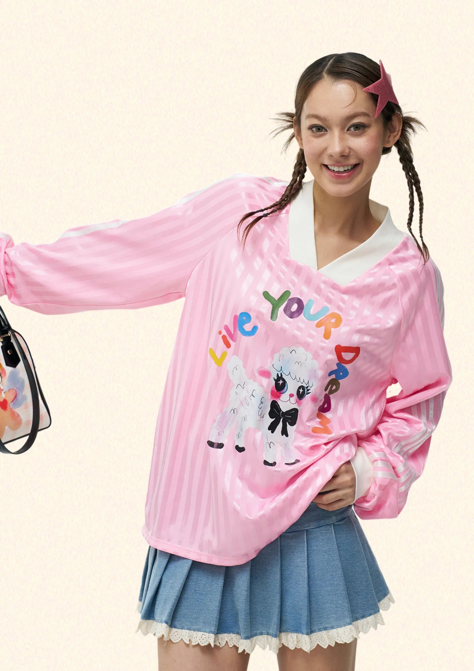 Lamb striped baseball jersey - soft pink