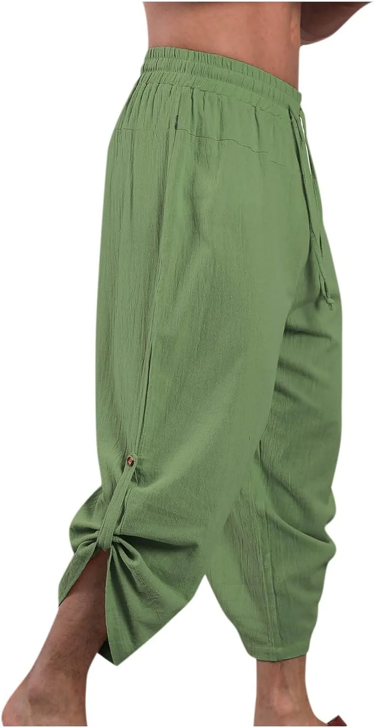 Linen Pants Mens Casual Pants Drawstring Beach Trousers Relaxed-Fit Yoga Pants Soft Elastic Waist Pants