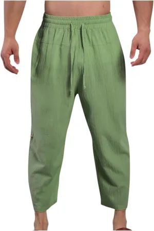 Linen Pants Mens Casual Pants Drawstring Beach Trousers Relaxed-Fit Yoga Pants Soft Elastic Waist Pants