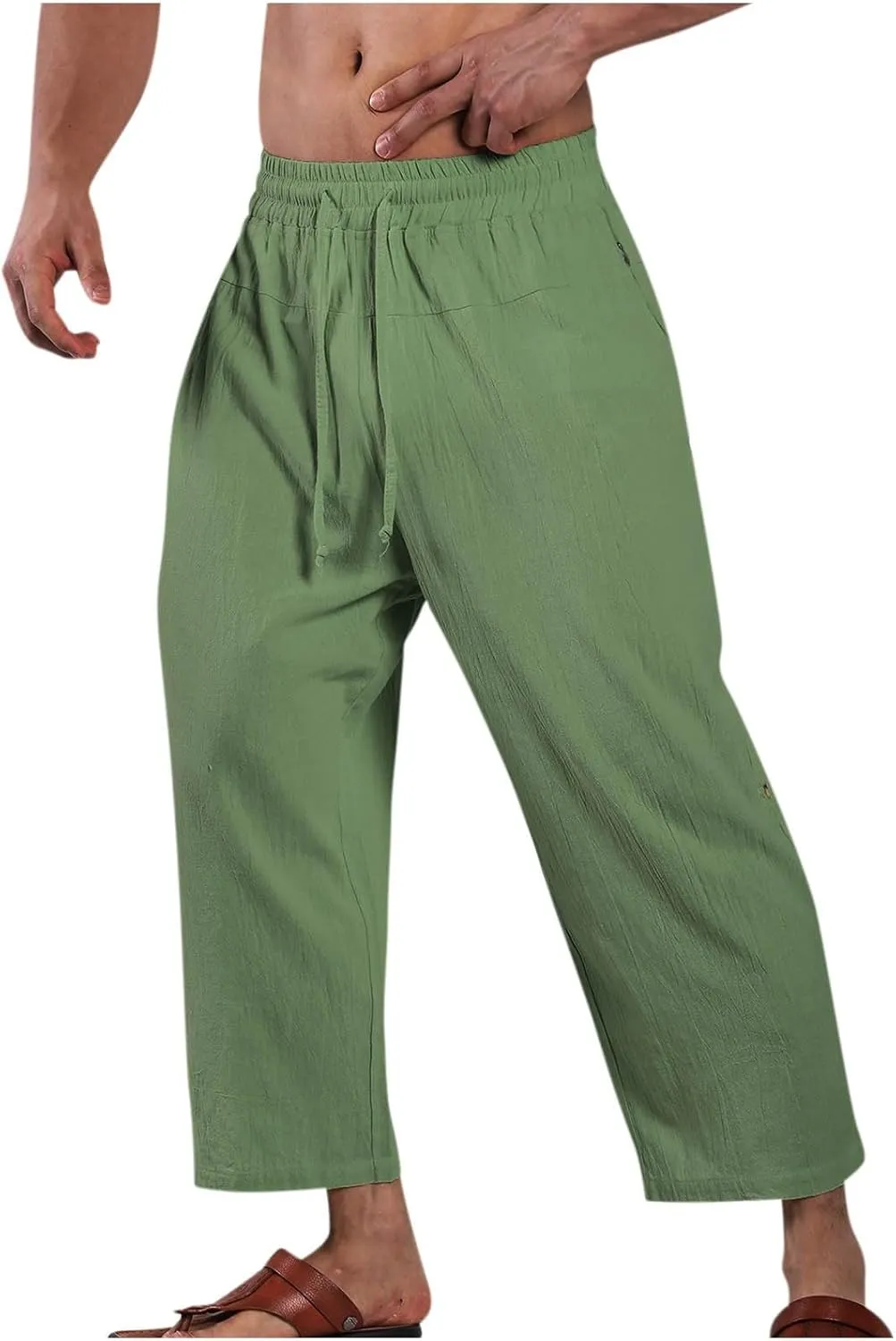 Linen Pants Mens Casual Pants Drawstring Beach Trousers Relaxed-Fit Yoga Pants Soft Elastic Waist Pants