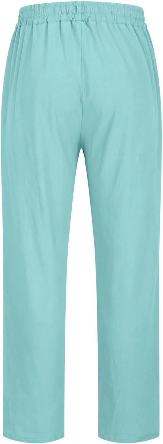 Linen Pants Mens Casual Pants Relaxed-Fit Beach Trousers Summer Yoga Pants Soft Elastic Waist Pants