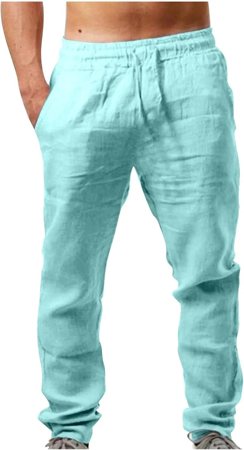 Linen Pants Mens Casual Pants Relaxed-Fit Beach Trousers Summer Yoga Pants Soft Elastic Waist Pants