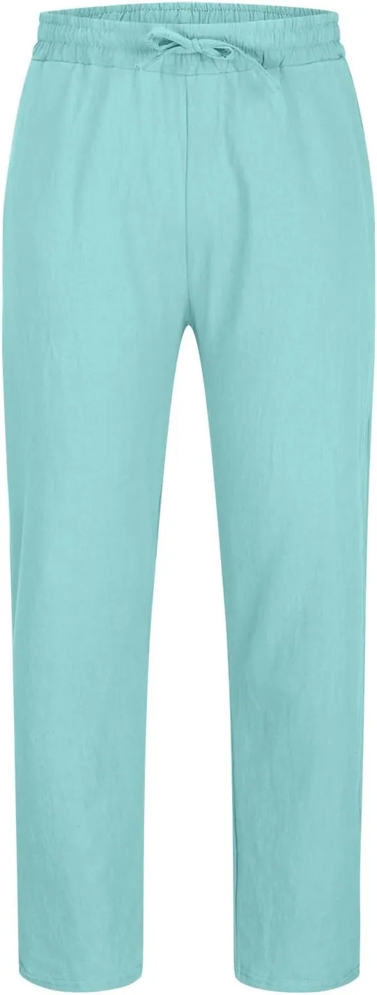 Linen Pants Mens Casual Pants Relaxed-Fit Beach Trousers Summer Yoga Pants Soft Elastic Waist Pants