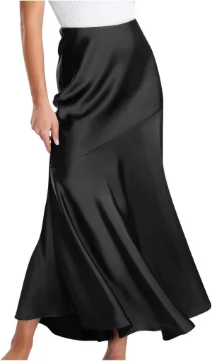 Long Satin Skirt for Women Elegant Silk High Wasit Fall Skirts Cocktail Party Wedding Mermaid Maxi Skirts