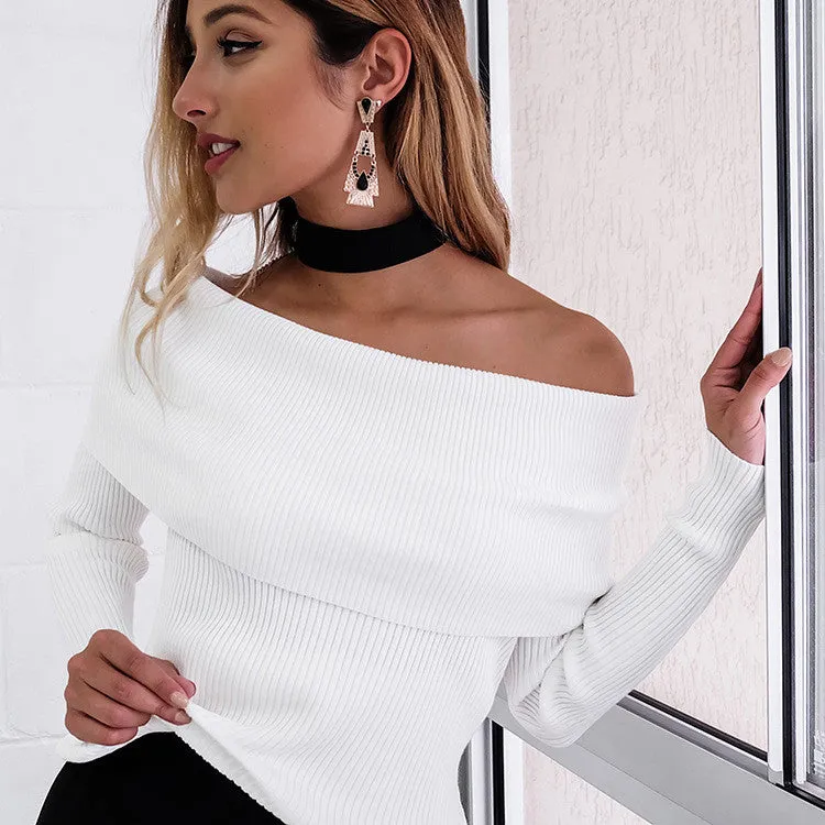 Long Sleeves Pure Color Off Shoulder Slim Sweater