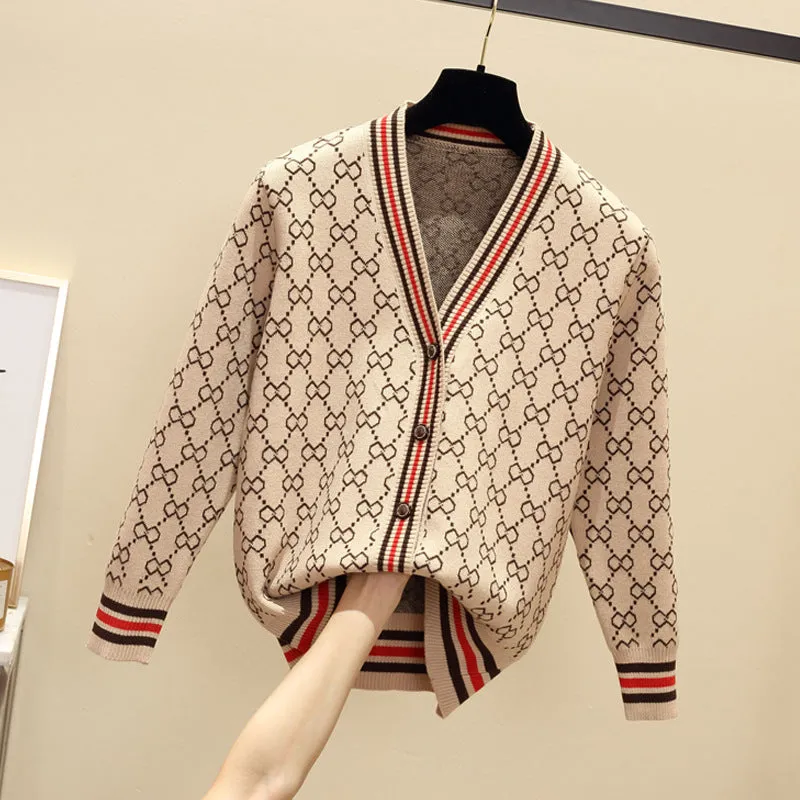 Loose V-Neck Sweater Women Cardigan Matching Mix Colours Regular Outerwear
