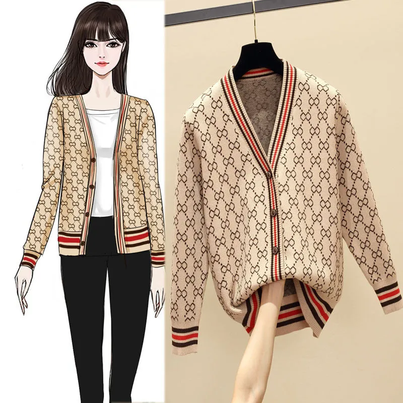 Loose V-Neck Sweater Women Cardigan Matching Mix Colours Regular Outerwear