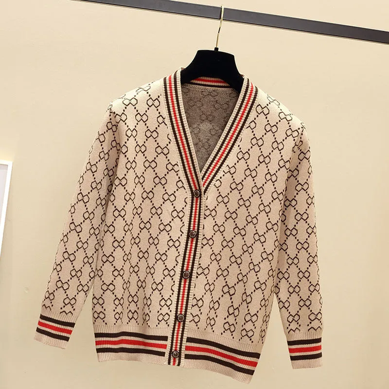 Loose V-Neck Sweater Women Cardigan Matching Mix Colours Regular Outerwear
