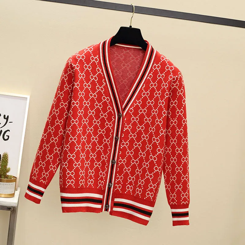 Loose V-Neck Sweater Women Cardigan Matching Mix Colours Regular Outerwear