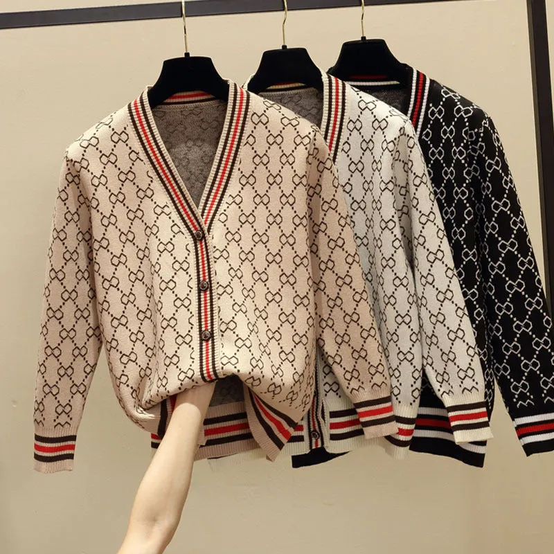 Loose V-Neck Sweater Women Cardigan Matching Mix Colours Regular Outerwear