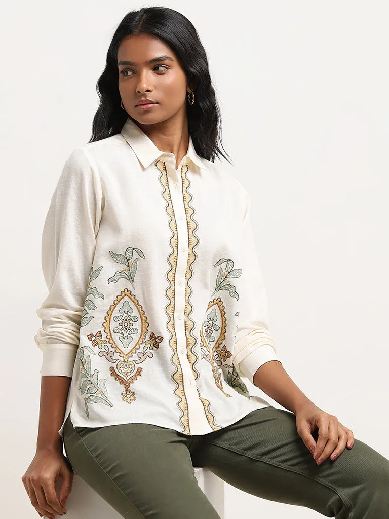 LOV Off-White Embroidered Blended Linen Shirt