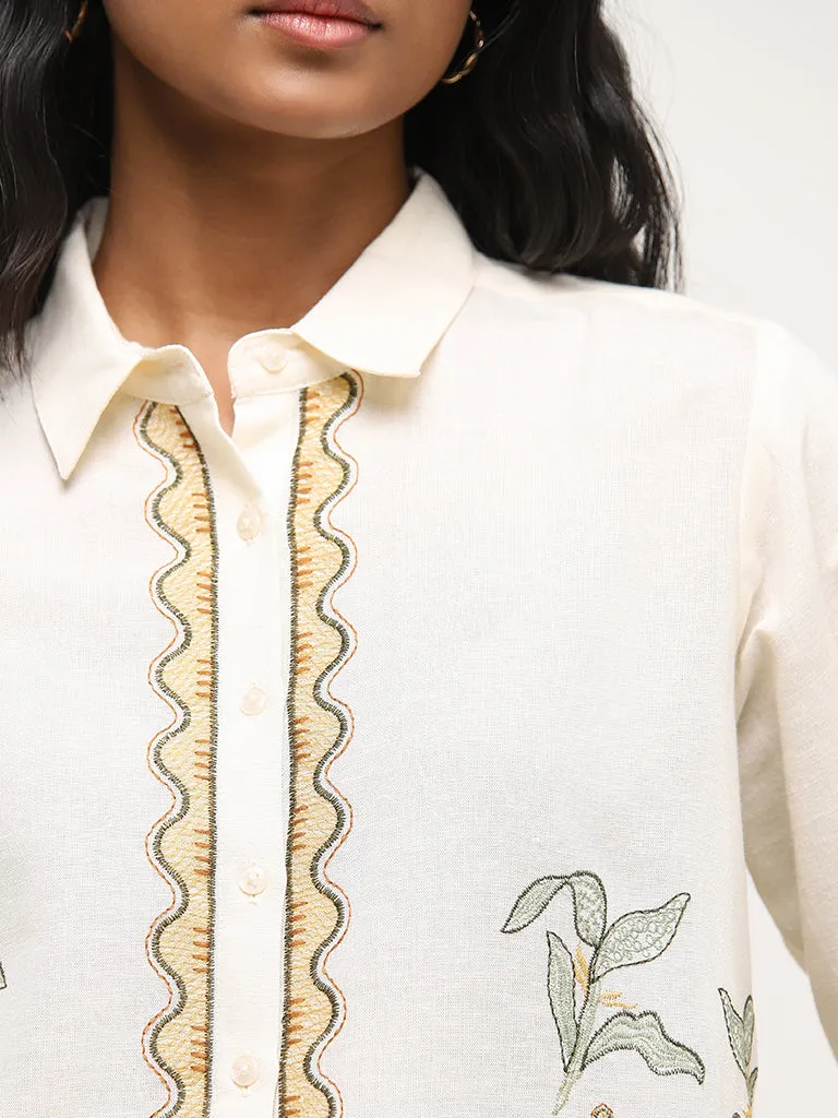 LOV Off-White Embroidered Blended Linen Shirt