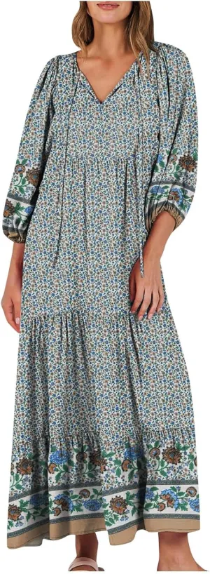 Maxi Dress for Women Casual Loose Fit Long Sleeve V Neck Peplum Dresses Summer Trendy Floral Print A-Line Flowy Dress