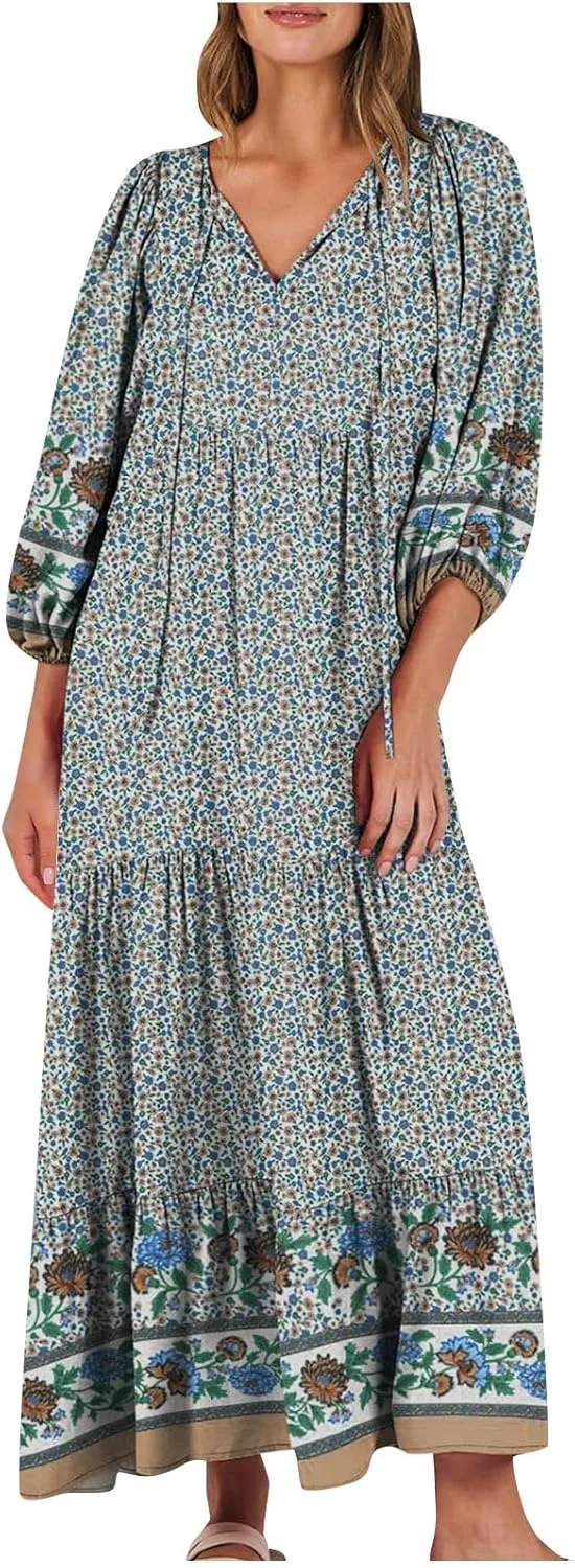 Maxi Dress for Women Casual Loose Fit Long Sleeve V Neck Peplum Dresses Summer Trendy Floral Print A-Line Flowy Dress