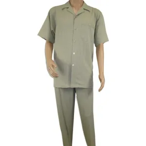 Men 2pc Walking Leisure Suit Short Sleeves DREAMS Plaid Satin 253-04 Sage Green