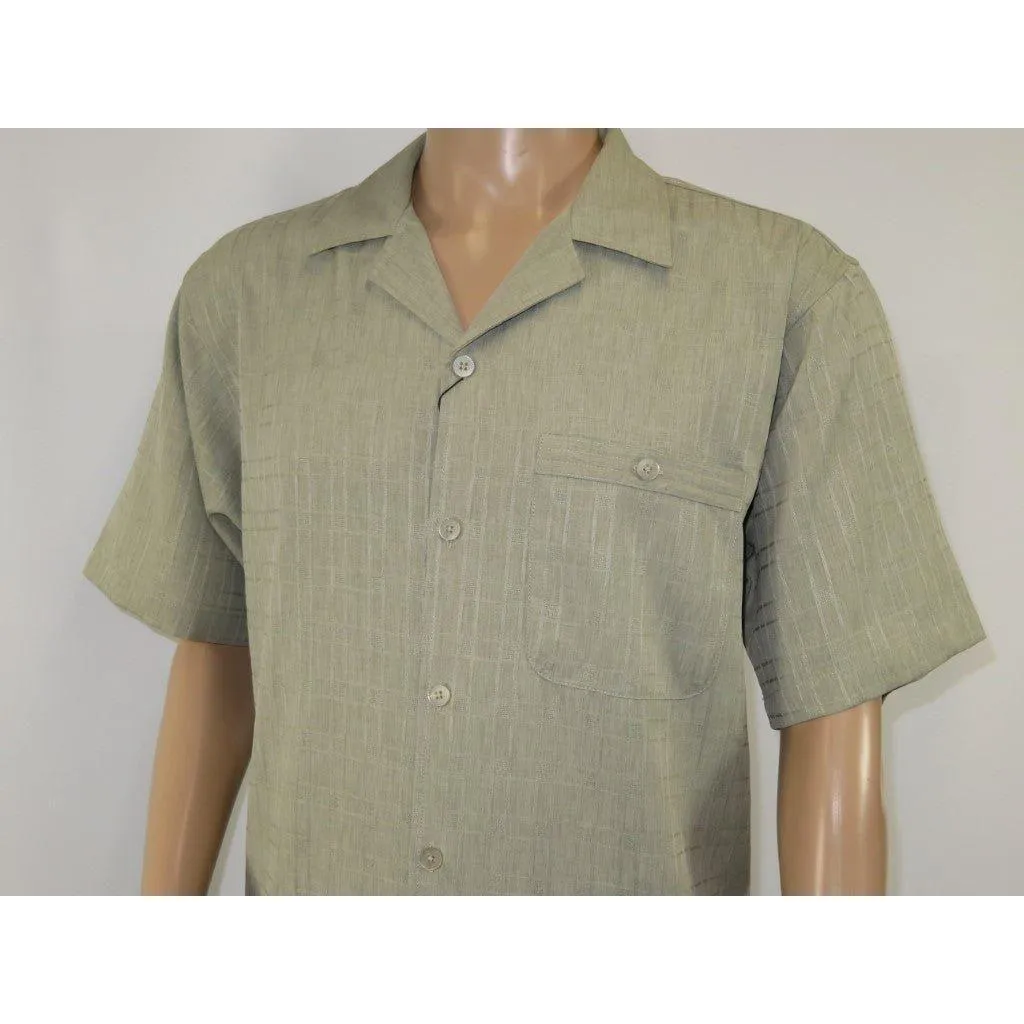 Men 2pc Walking Leisure Suit Short Sleeves DREAMS Plaid Satin 253-04 Sage Green