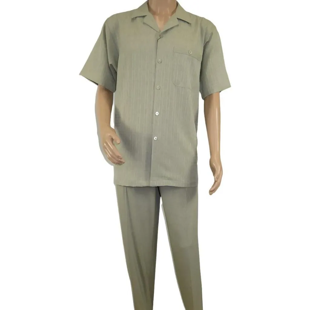 Men 2pc Walking Leisure Suit Short Sleeves DREAMS Plaid Satin 253-04 Sage Green