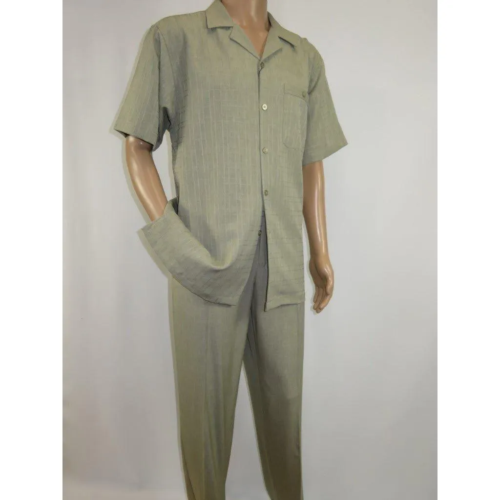 Men 2pc Walking Leisure Suit Short Sleeves DREAMS Plaid Satin 253-04 Sage Green