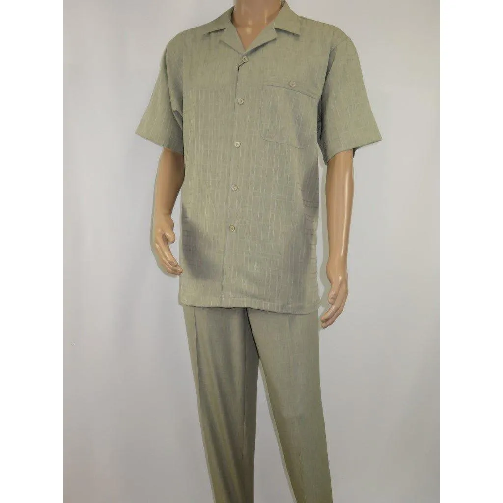 Men 2pc Walking Leisure Suit Short Sleeves DREAMS Plaid Satin 253-04 Sage Green
