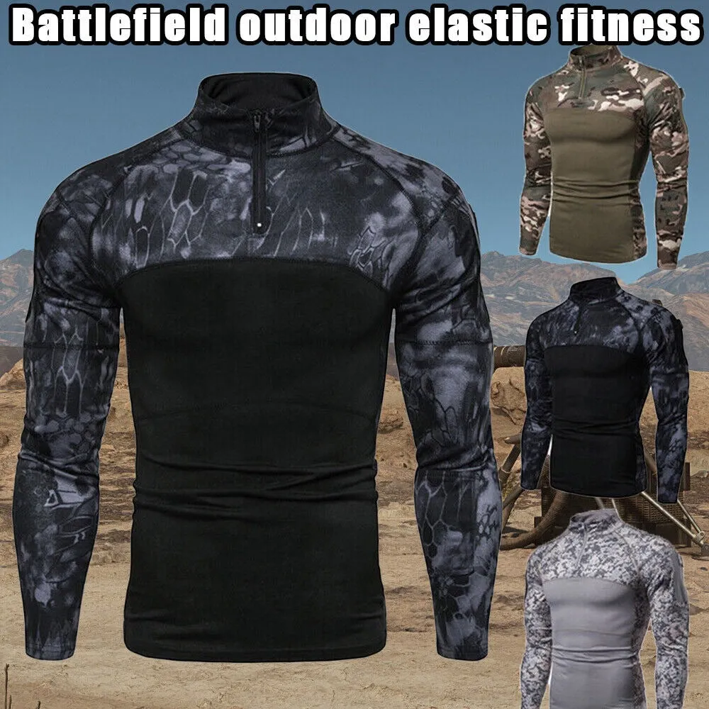 Men's Camouflage Stitching Casual T-Shirt Stand Collar Long Sleeve Lightweight Jumper | 1815-G11