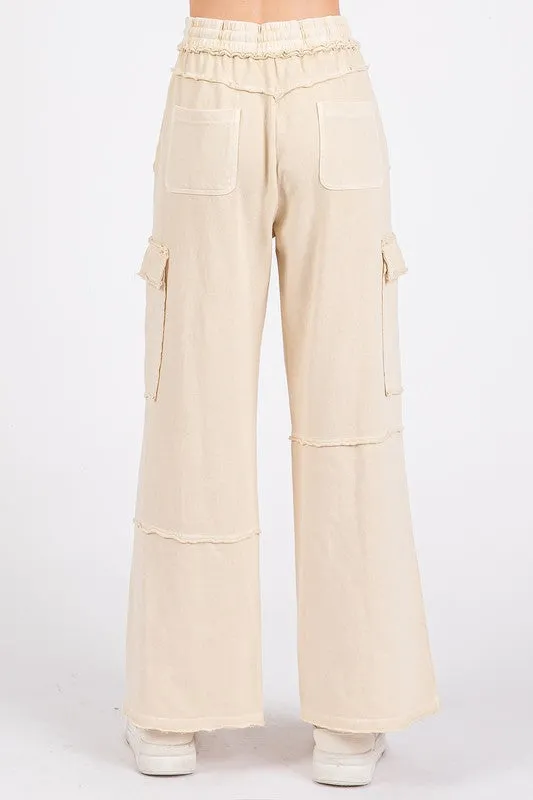 Mineral Wash Elastic Waist Cargo Wide Leg Pants