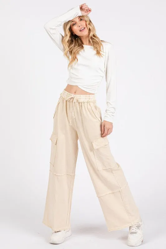 Mineral Wash Elastic Waist Cargo Wide Leg Pants