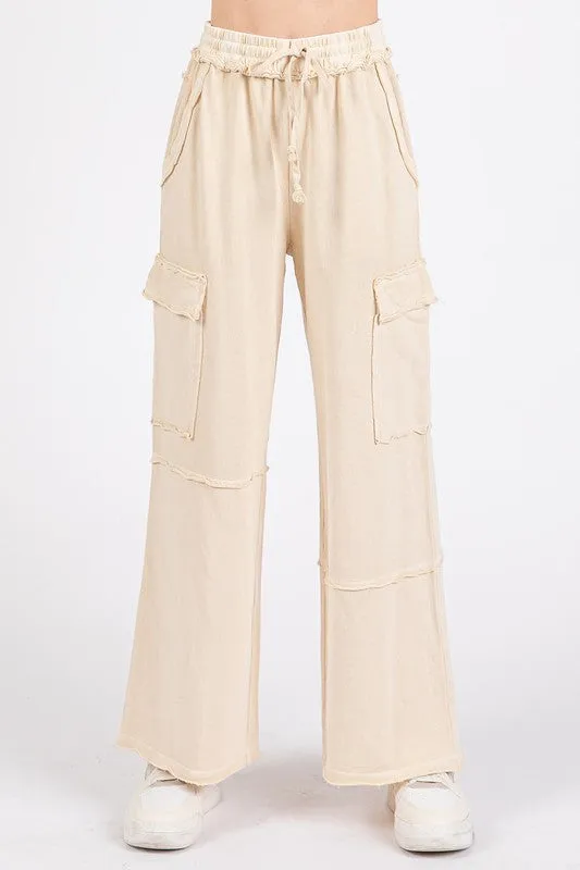 Mineral Wash Elastic Waist Cargo Wide Leg Pants
