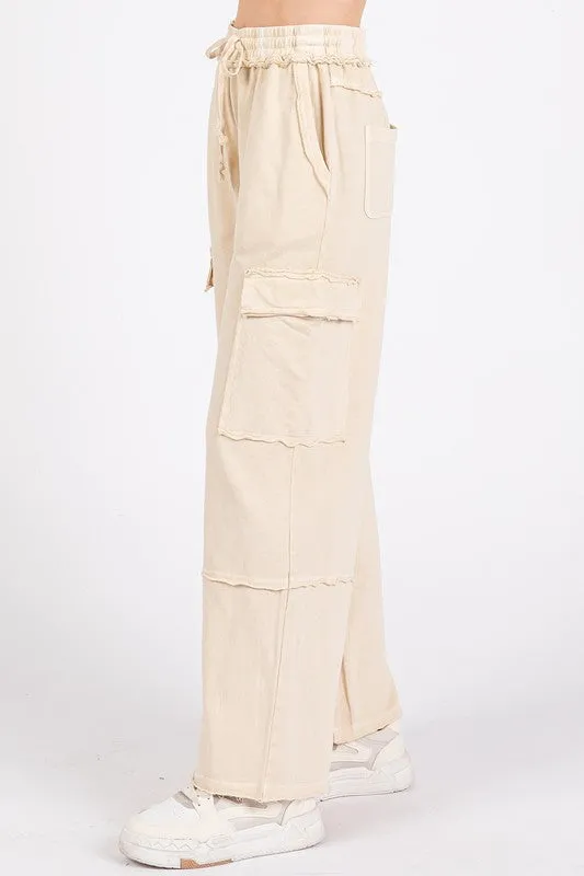 Mineral Wash Elastic Waist Cargo Wide Leg Pants