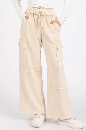 Mineral Wash Elastic Waist Cargo Wide Leg Pants