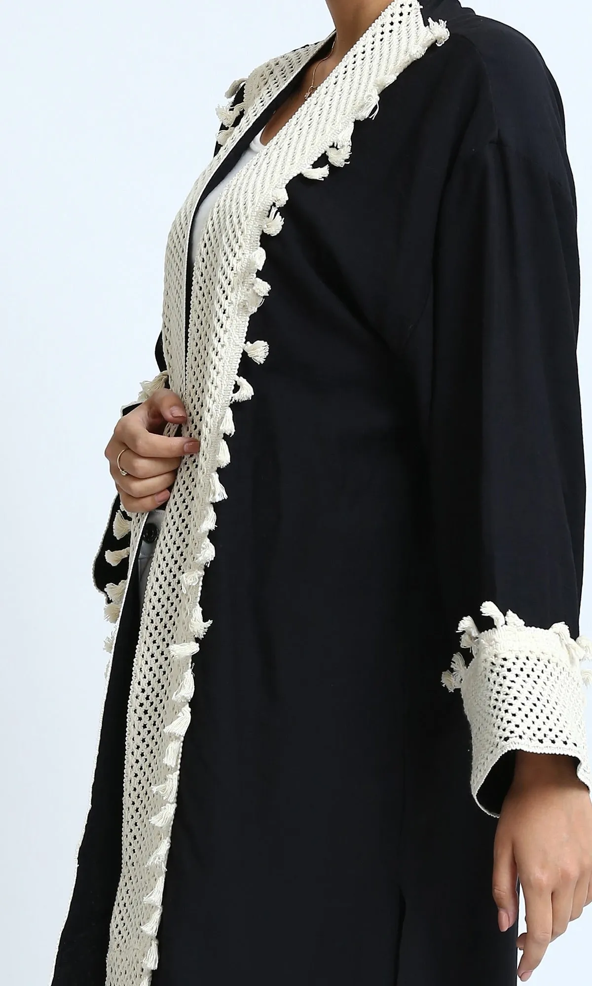 o198046 Long Sleeves Crochet Feminine Cardigan - Black