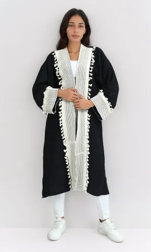 o198046 Long Sleeves Crochet Feminine Cardigan - Black