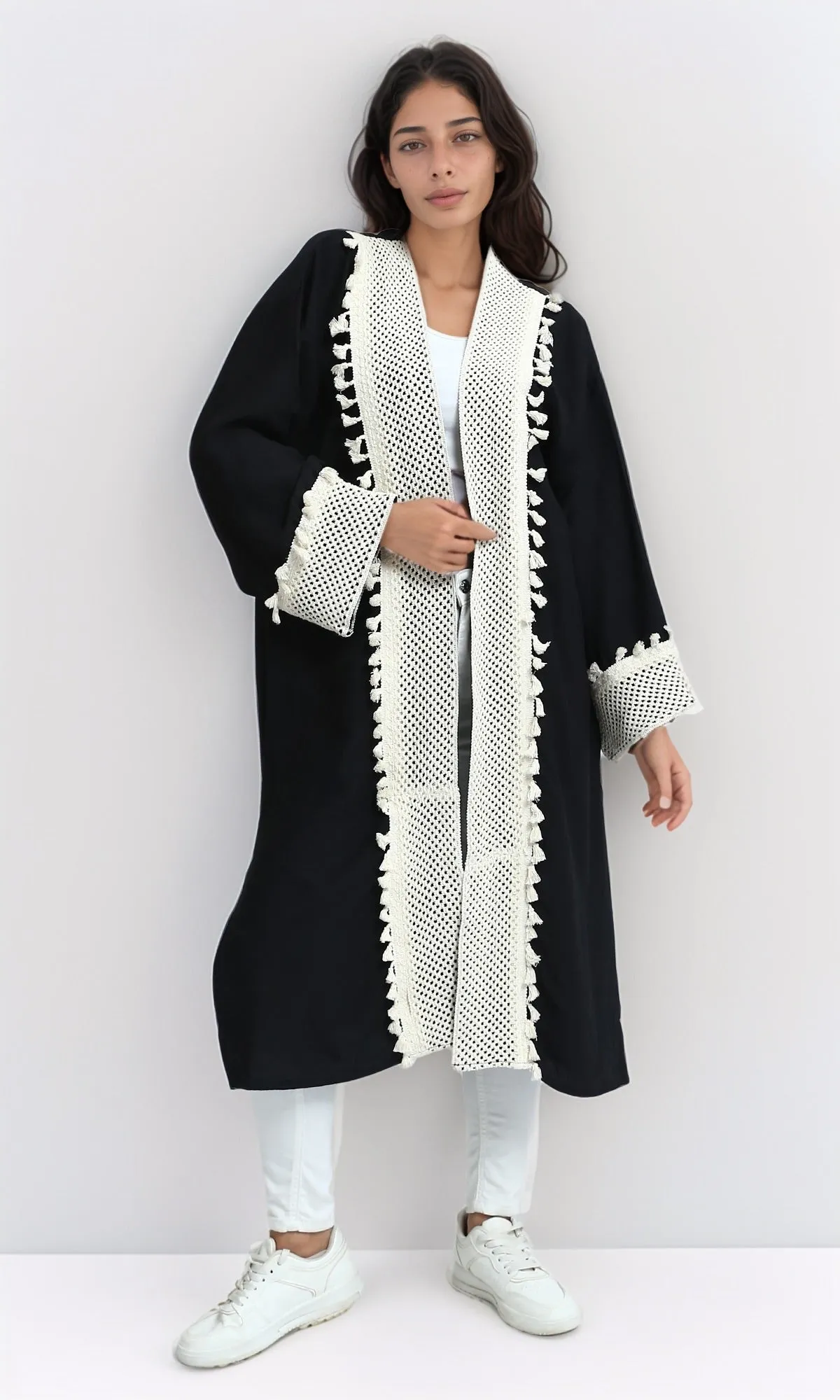 o198046 Long Sleeves Crochet Feminine Cardigan - Black