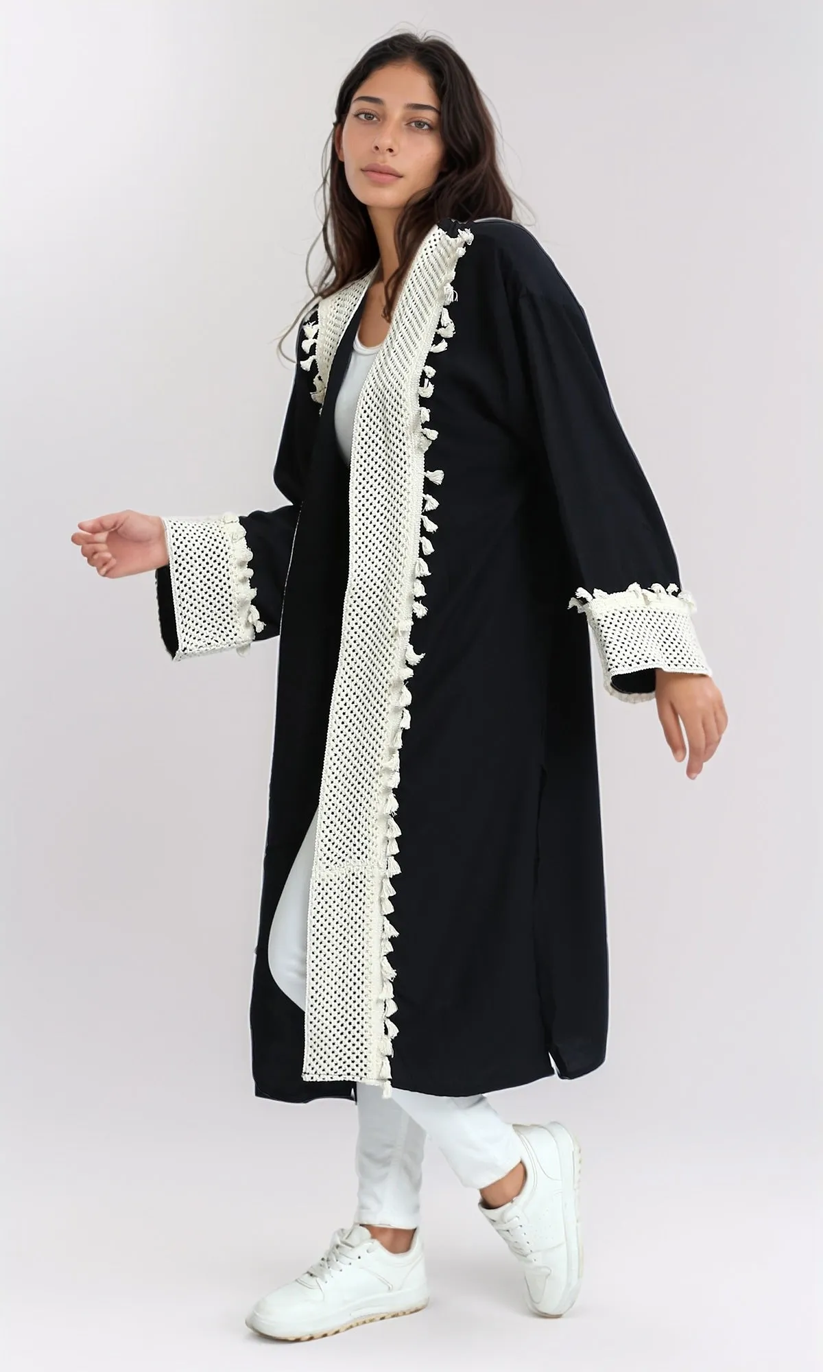o198046 Long Sleeves Crochet Feminine Cardigan - Black