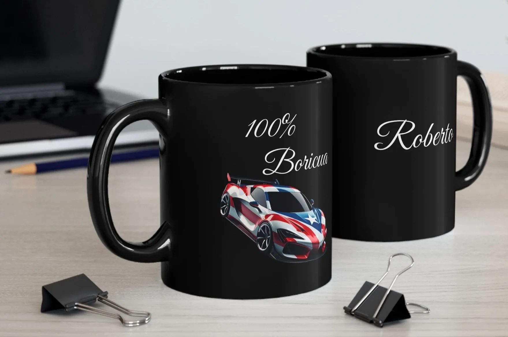 Personalized "100 % Boricua" Sports-car Black Mug 11oz -Puerto Rico flag -