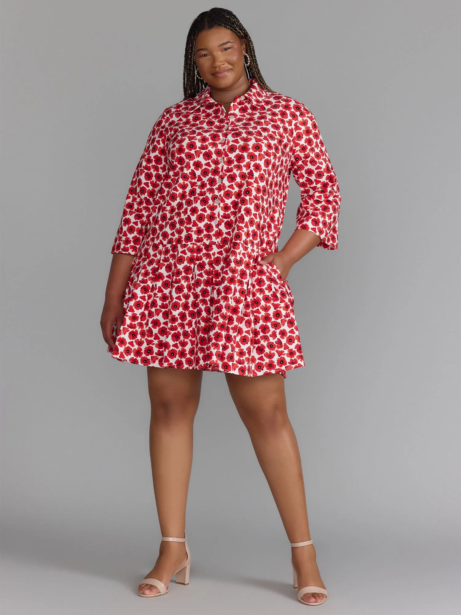 Plus Long Sleeve Drop Waist Mini Dress