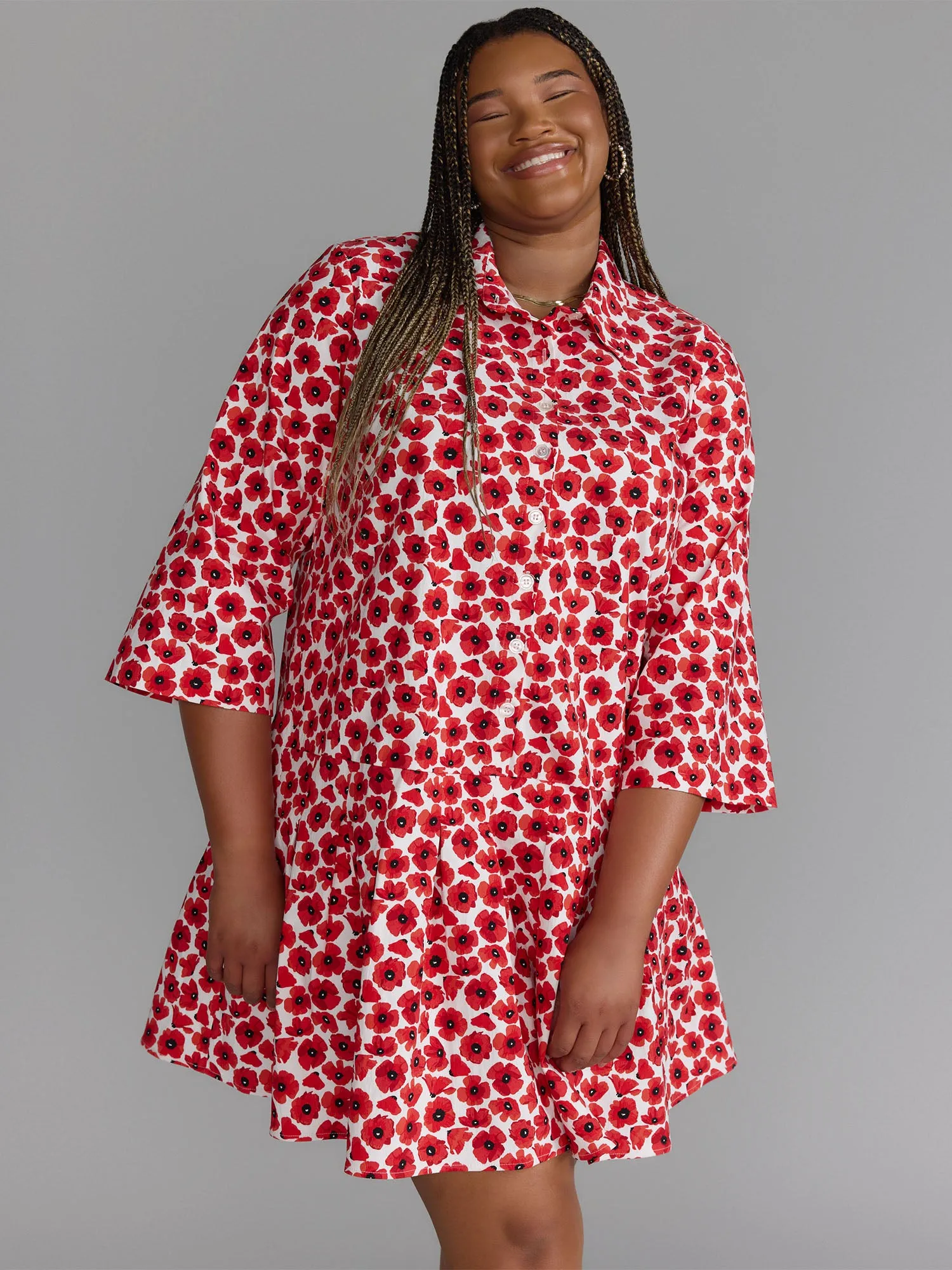 Plus Long Sleeve Drop Waist Mini Dress