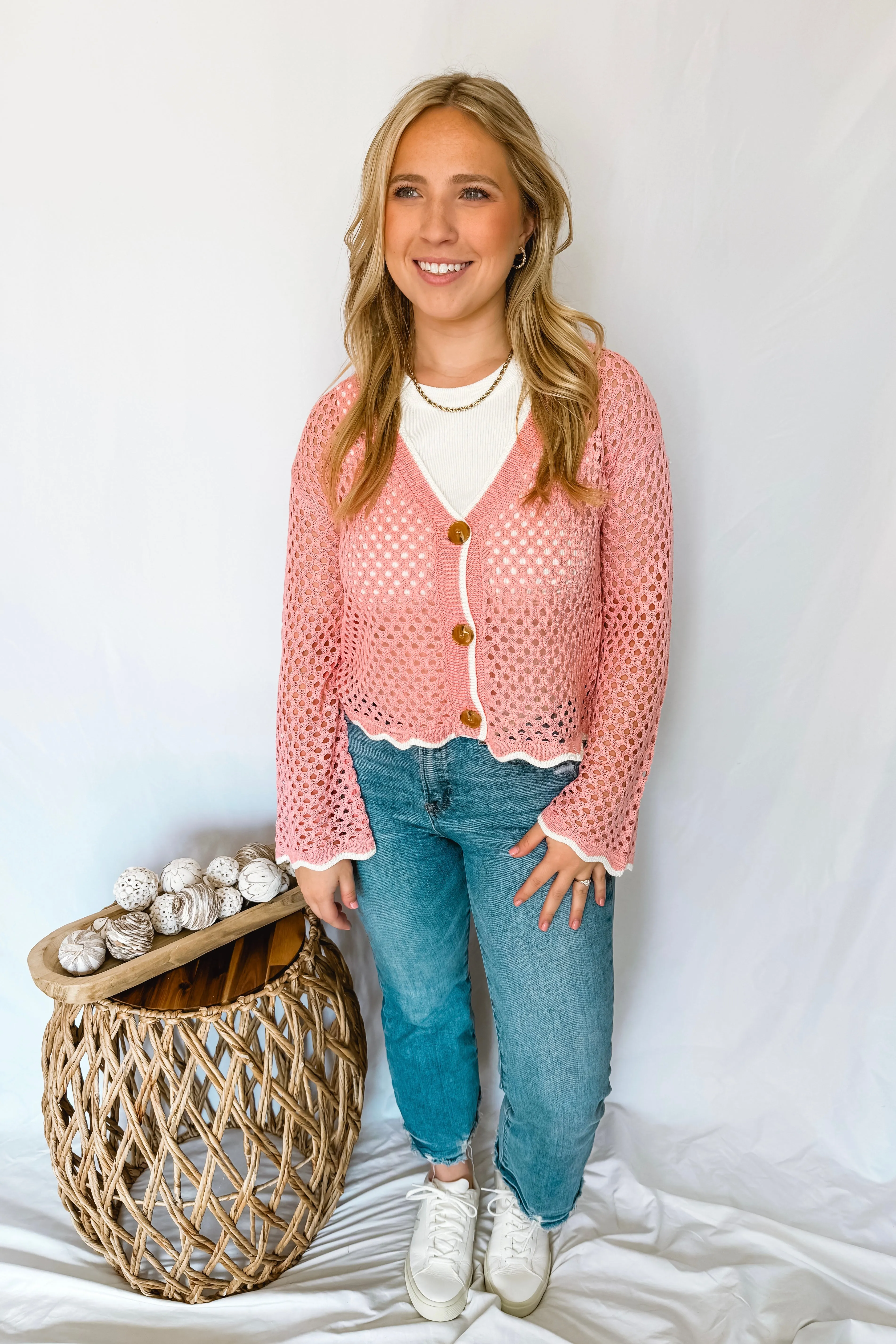 Pretty Days Open Knit Button Cardigan - Pink