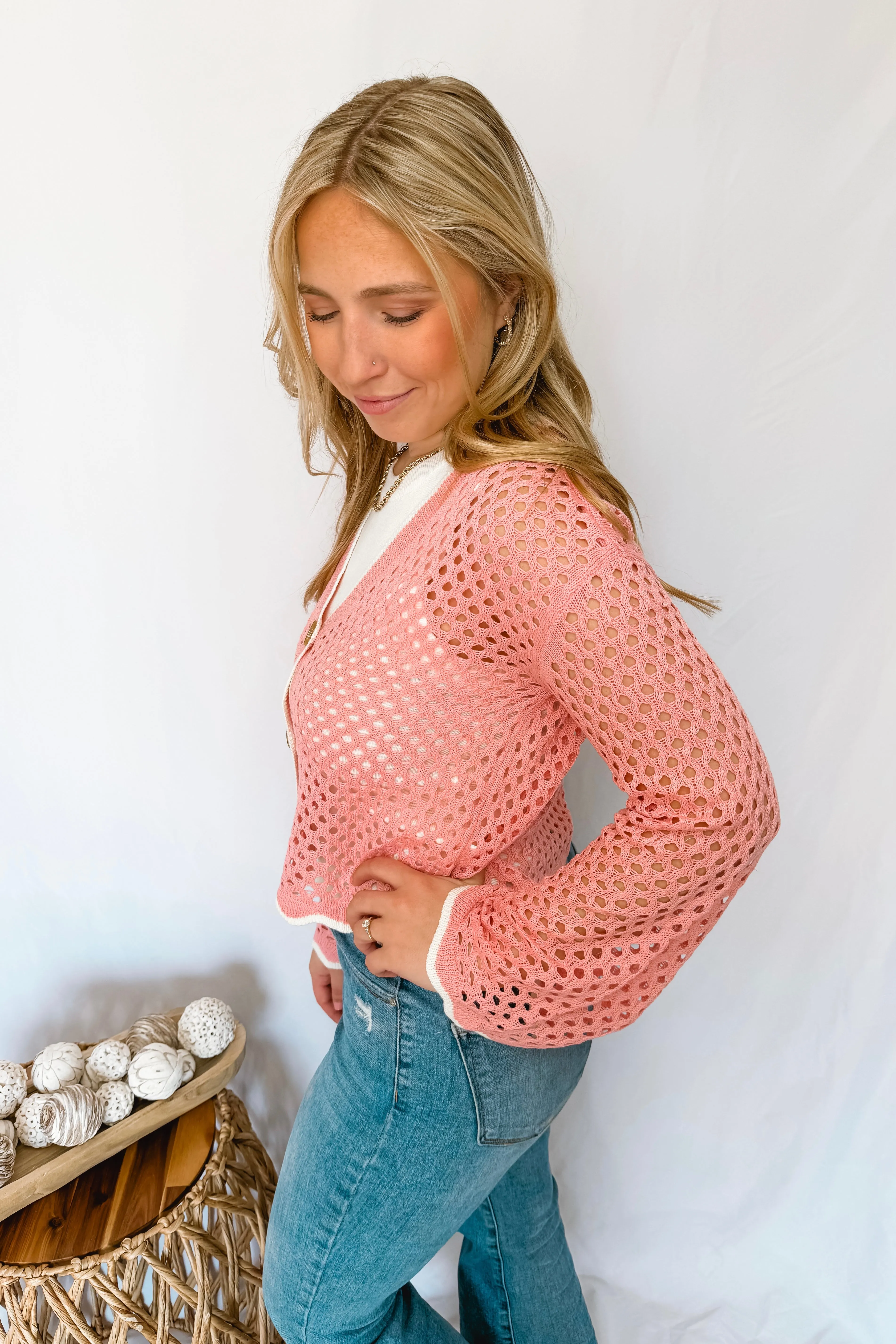 Pretty Days Open Knit Button Cardigan - Pink