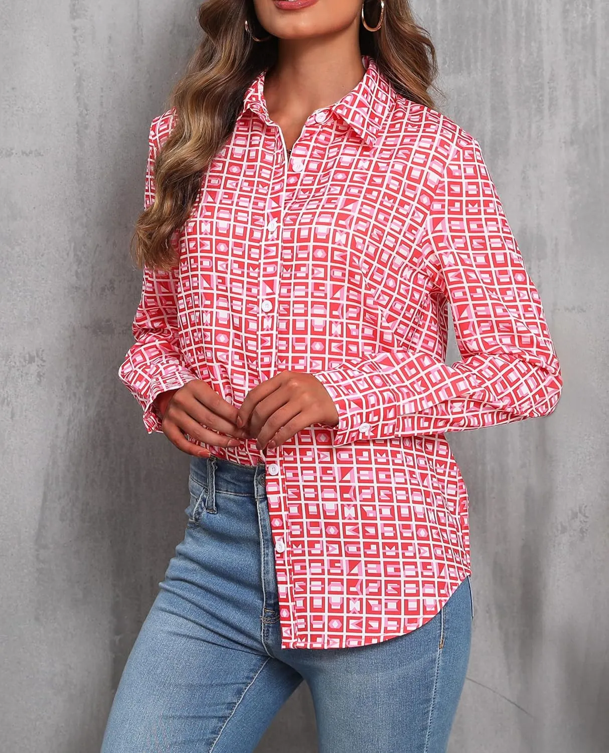 siliteelon Womens Button Down Shirts Dress Shirts Long Sleeve Wrinkle Free Collared Work Blouses Casual Print Chiffon Top