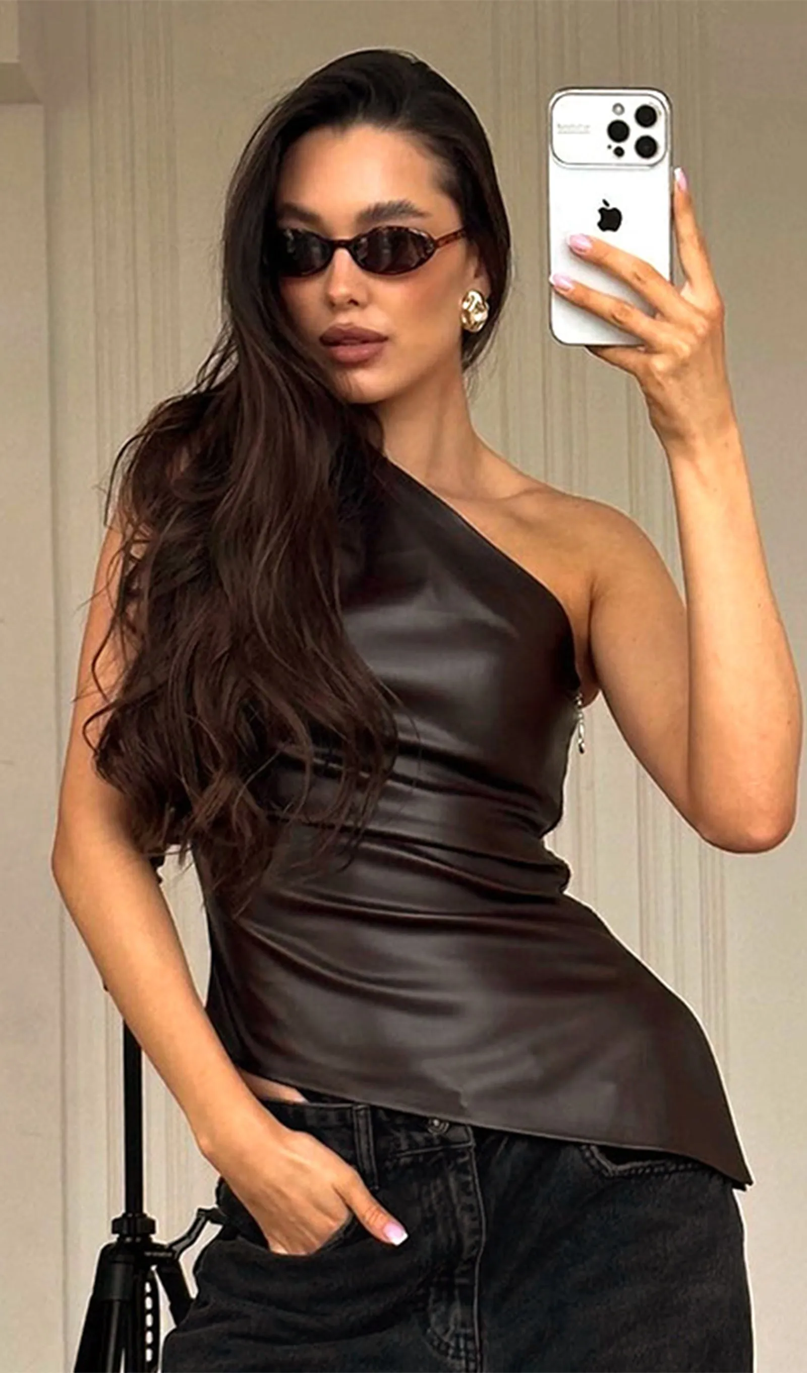Solid Leather Asymmetric Top-Brown